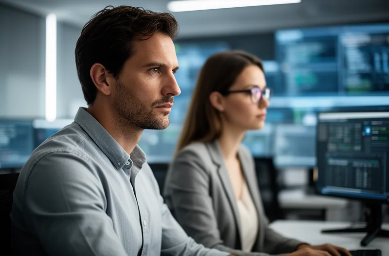 Técnico de soporte IT trabajando en oficina de Madrid, Equipo informático realizando mantenimiento preventivo en empresa, Monitorización de sistemas IT en tiempo real desde centro de control, Profesional configurando infraestructura de red en empresa madrileña, Consultor IT analizando seguridad informática en oficina corporativa