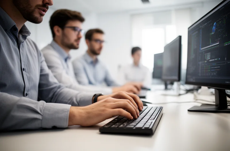 Técnico de soporte IT trabajando en oficina de Madrid, Equipo informático realizando mantenimiento preventivo en empresa, Monitorización de sistemas IT en tiempo real desde centro de control, Profesional configurando infraestructura de red en empresa madrileña, Consultor IT analizando seguridad informática en oficina corporativa