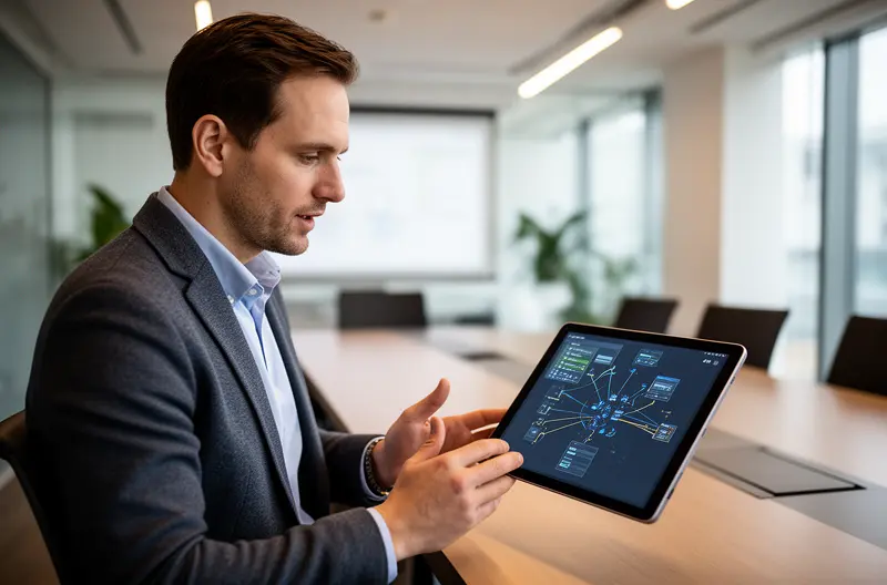 Técnico instalando centralita telefónica empresarial en rack de comunicaciones, Centralita IP moderna con pantalla de configuración y cables de red conectados, Diagrama de infraestructura de telefonía empresarial con VoIP y extensiones, Equipo de soporte técnico realizando mantenimiento preventivo de centralita, Panel de control de centralita empresarial mostrando configuración de extensiones