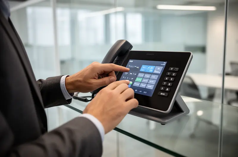 Técnico instalando centralita telefónica empresarial en rack de comunicaciones, Centralita IP moderna con pantalla de configuración y cables de red conectados, Diagrama de infraestructura de telefonía empresarial con VoIP y extensiones, Equipo de soporte técnico realizando mantenimiento preventivo de centralita, Panel de control de centralita empresarial mostrando configuración de extensiones