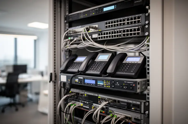 Técnico instalando centralita telefónica empresarial en rack de comunicaciones, Centralita IP moderna con pantalla de configuración y cables de red conectados, Diagrama de infraestructura de telefonía empresarial con VoIP y extensiones, Equipo de soporte técnico realizando mantenimiento preventivo de centralita, Panel de control de centralita empresarial mostrando configuración de extensiones