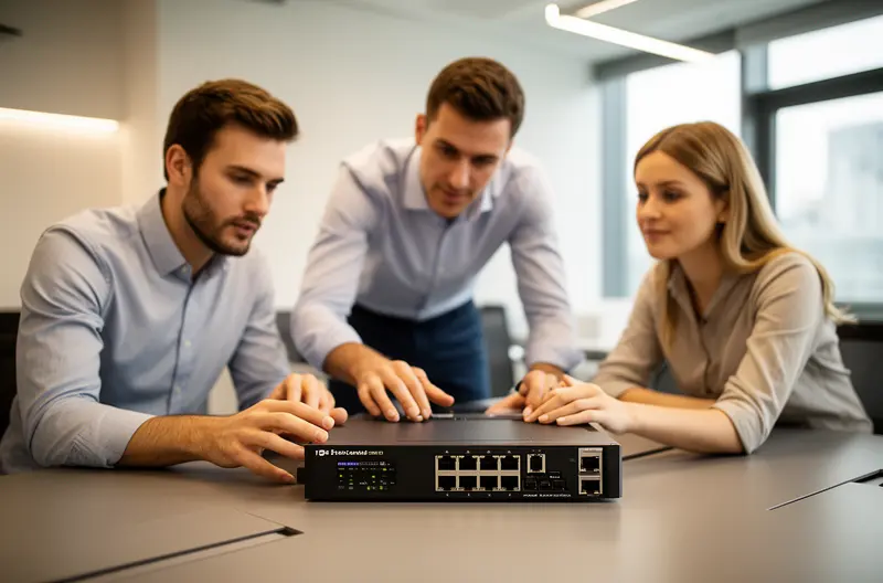 Técnico instalando centralita telefónica empresarial en rack de comunicaciones, Centralita IP moderna con pantalla de configuración y cables de red conectados, Diagrama de infraestructura de telefonía empresarial con VoIP y extensiones, Equipo de soporte técnico realizando mantenimiento preventivo de centralita, Panel de control de centralita empresarial mostrando configuración de extensiones