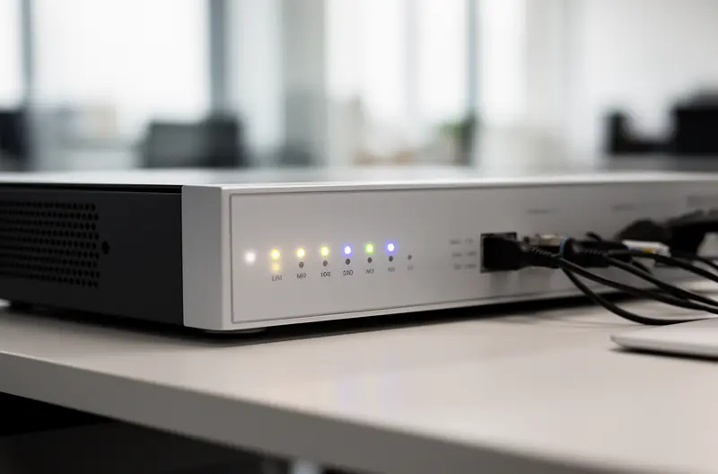 Técnico instalando centralita telefónica empresarial en rack de comunicaciones, Centralita IP moderna con pantalla de configuración y cables de red conectados, Diagrama de infraestructura de telefonía empresarial con VoIP y extensiones, Equipo de soporte técnico realizando mantenimiento preventivo de centralita, Panel de control de centralita empresarial mostrando configuración de extensiones