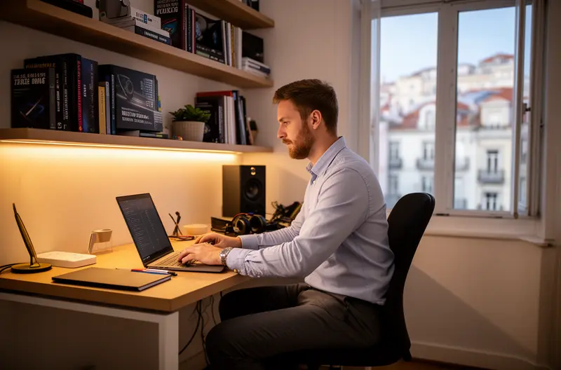 Técnico realizando mantenimiento preventivo de servidores en empresa portuguesa, Equipo de soporte IT monitorizando infraestructura tecnológica en tiempo real, Implementación de soluciones de ciberseguridad en oficinas de Portugal, Profesional configurando red empresarial con equipos Cisco en Lisboa, Centro de operaciones IT con monitorización de sistemas empresariales