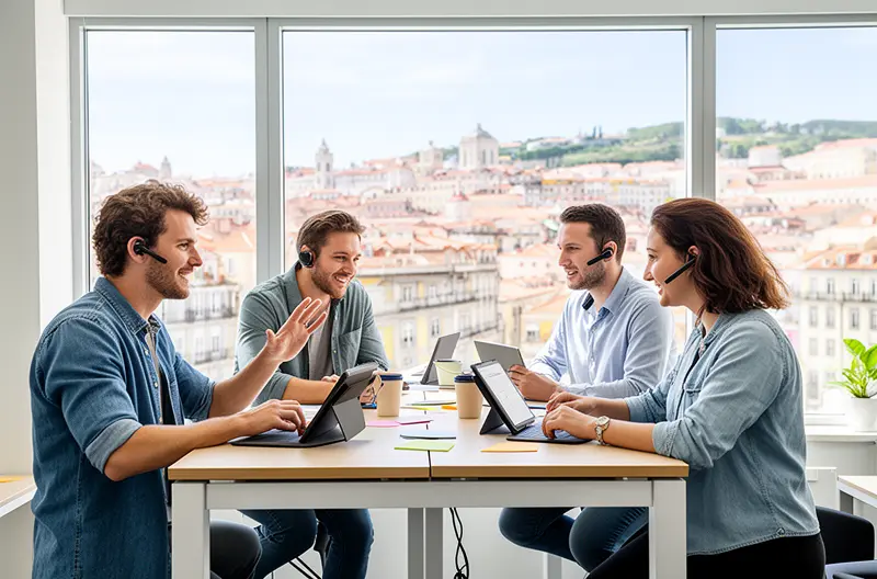 Técnico realizando mantenimiento preventivo de servidores en empresa portuguesa, Equipo de soporte IT monitorizando infraestructura tecnológica en tiempo real, Implementación de soluciones de ciberseguridad en oficinas de Portugal, Profesional configurando red empresarial con equipos Cisco en Lisboa, Centro de operaciones IT con monitorización de sistemas empresariales