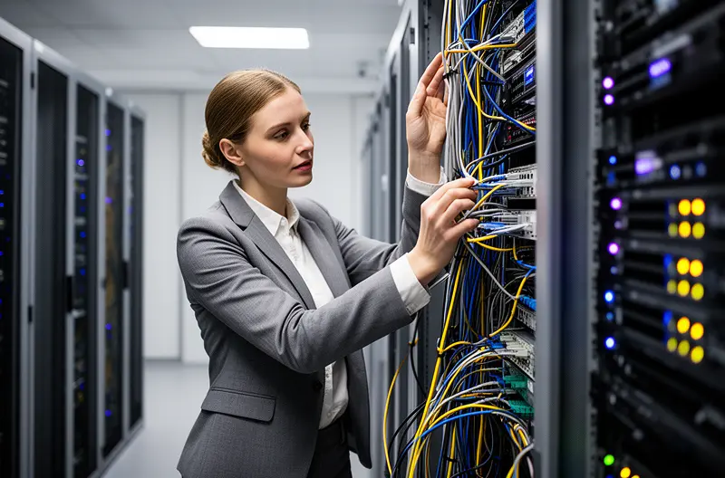 Técnico realizando mantenimiento preventivo de servidores en empresa portuguesa, Equipo de soporte IT monitorizando infraestructura tecnológica en tiempo real, Implementación de soluciones de ciberseguridad en oficinas de Portugal, Profesional configurando red empresarial con equipos Cisco en Lisboa, Centro de operaciones IT con monitorización de sistemas empresariales