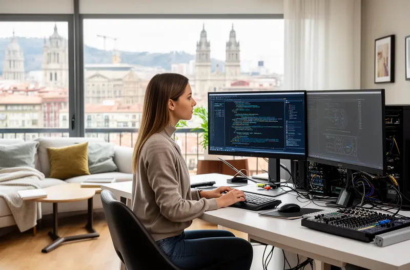 Técnico informático realizando mantenimiento preventivo en empresa de Bilbao, Centro de soporte remoto gestionando incidencias tecnológicas en tiempo real, Empresario bilbaíno revisando contrato SLA de servicios informáticos, Infraestructura de red empresarial con tecnología certificada Cisco y Fortinet, Equipo técnico instalando soluciones de ciberseguridad en oficinas de Bilbao