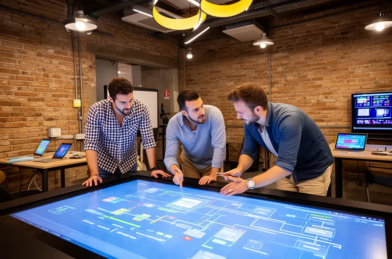 Técnico informático realizando mantenimiento preventivo en empresa de Bilbao, Centro de soporte remoto gestionando incidencias tecnológicas en tiempo real, Empresario bilbaíno revisando contrato SLA de servicios informáticos, Infraestructura de red empresarial con tecnología certificada Cisco y Fortinet, Equipo técnico instalando soluciones de ciberseguridad en oficinas de Bilbao