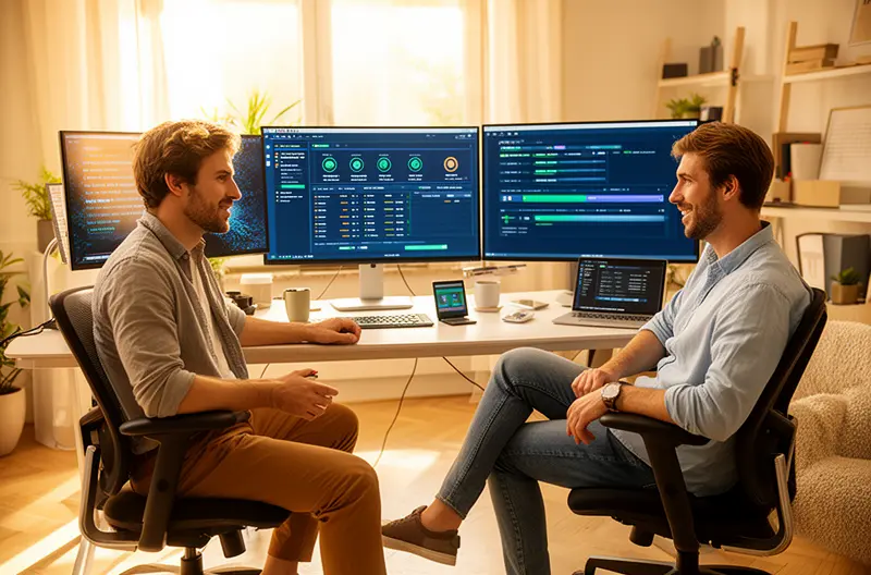 Técnico realizando limpieza interna de ordenador empresarial, Pantalla mostrando proceso de optimización de sistema operativo Windows, Firewall empresarial Fortinet protegiendo red corporativa, Sistema de backup Veeam ejecutando copia de seguridad automática, Ingeniero configurando solución de monitorización remota en datacenter