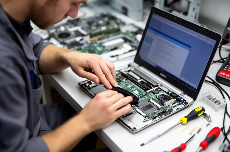 Técnico realizando limpieza interna de ordenador empresarial, Pantalla mostrando proceso de optimización de sistema operativo Windows, Firewall empresarial Fortinet protegiendo red corporativa, Sistema de backup Veeam ejecutando copia de seguridad automática, Ingeniero configurando solución de monitorización remota en datacenter