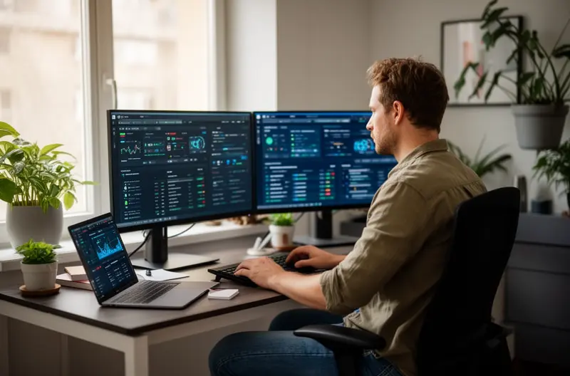 Consultor IT analizando infraestructura tecnológica empresarial, Equipo técnico implementando soluciones cloud y virtualización, Sistema de ciberseguridad multicapa protegiendo red corporativa, Profesional configurando servicios gestionados y monitorización, Automatización de procesos IT mejorando eficiencia operativa