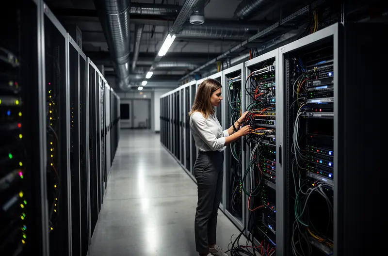 Consultor IT analizando infraestructura tecnológica empresarial, Equipo técnico implementando soluciones cloud y virtualización, Sistema de ciberseguridad multicapa protegiendo red corporativa, Profesional configurando servicios gestionados y monitorización, Automatización de procesos IT mejorando eficiencia operativa