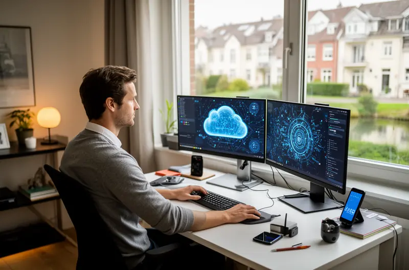 Consultor IT analizando infraestructura tecnológica empresarial, Equipo técnico implementando soluciones cloud y virtualización, Sistema de ciberseguridad multicapa protegiendo red corporativa, Profesional configurando servicios gestionados y monitorización, Automatización de procesos IT mejorando eficiencia operativa