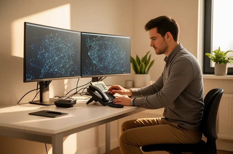 Técnico instalando centralita telefónica empresarial en rack de comunicaciones, Centralita IP moderna con conexiones de red y líneas telefónicas configuradas, Equipo de trabajo utilizando sistema telefónico empresarial integrado con ordenadores, Diagrama de infraestructura de red para instalación de centralita VoIP, Panel de administración de centralita telefónica mostrando configuración de extensiones