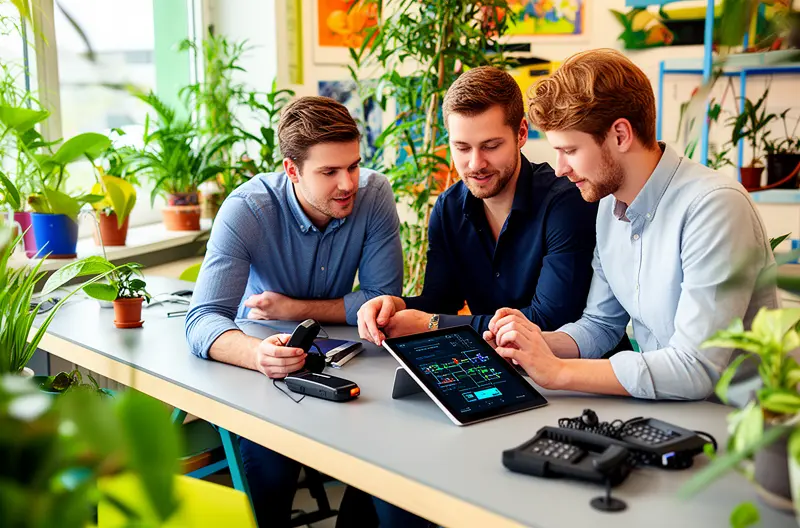 Técnico instalando centralita telefónica empresarial en rack de comunicaciones, Centralita IP moderna con conexiones de red y líneas telefónicas configuradas, Equipo de trabajo utilizando sistema telefónico empresarial integrado con ordenadores, Diagrama de infraestructura de red para instalación de centralita VoIP, Panel de administración de centralita telefónica mostrando configuración de extensiones