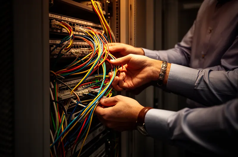 Técnico instalando centralita telefónica empresarial en rack de comunicaciones, Centralita IP moderna con conexiones de red y líneas telefónicas configuradas, Equipo de trabajo utilizando sistema telefónico empresarial integrado con ordenadores, Diagrama de infraestructura de red para instalación de centralita VoIP, Panel de administración de centralita telefónica mostrando configuración de extensiones