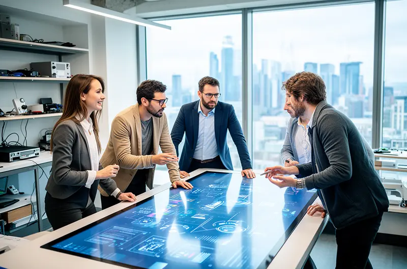 Equipo de consultores IT analizando infraestructura tecnológica empresarial, Diagrama de fases del proceso de consultoría IT y transformación digital, Profesionales implementando soluciones de ciberseguridad en empresa, Infraestructura cloud y servidores gestionados por consultoría tecnológica, Reunión estratégica de consultoría IT para optimización de sistemas