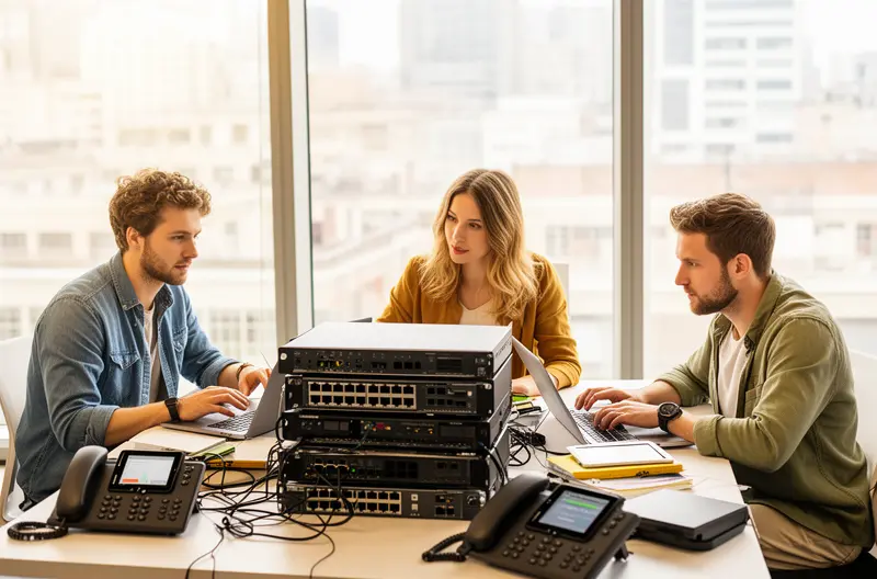 Técnico reparando centralita telefónica empresarial, Sistema de centralita telefónica IP moderna en oficina, Panel de control de centralita digital con múltiples extensiones, Equipo técnico realizando mantenimiento preventivo de centralita, Migración de centralita analógica a sistema VoIP en empresa