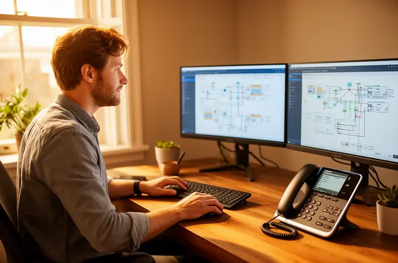 Técnico reparando centralita telefónica empresarial, Sistema de centralita telefónica IP moderna en oficina, Panel de control de centralita digital con múltiples extensiones, Equipo técnico realizando mantenimiento preventivo de centralita, Migración de centralita analógica a sistema VoIP en empresa