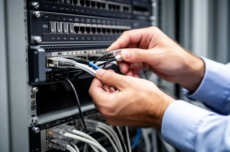 Técnico reparando centralita telefónica empresarial, Sistema de centralita telefónica IP moderna en oficina, Panel de control de centralita digital con múltiples extensiones, Equipo técnico realizando mantenimiento preventivo de centralita, Migración de centralita analógica a sistema VoIP en empresa