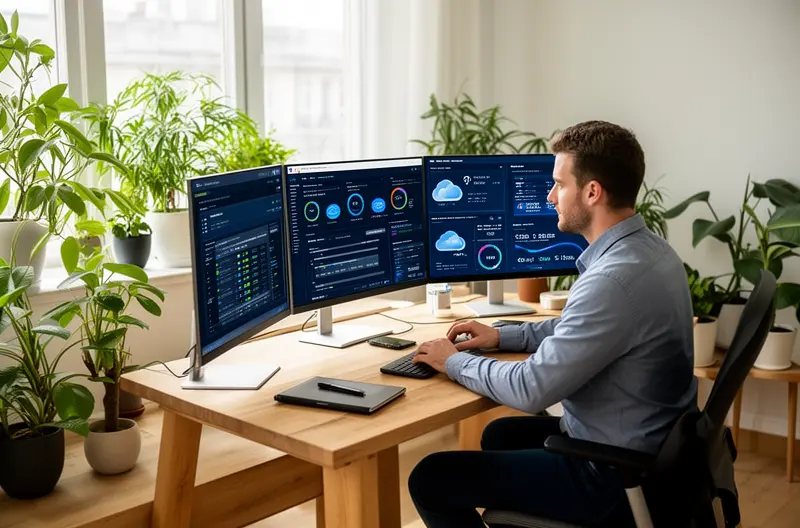 Técnico realizando mantenimiento preventivo en servidor empresarial, Equipo de soporte informático atendiendo incidencia en oficina de Majadahonda, Panel de control de seguridad informática con protección activa, Profesional IT configurando sistema de backup y recuperación de datos, Auditoría de infraestructura tecnológica en empresa de Majadahonda