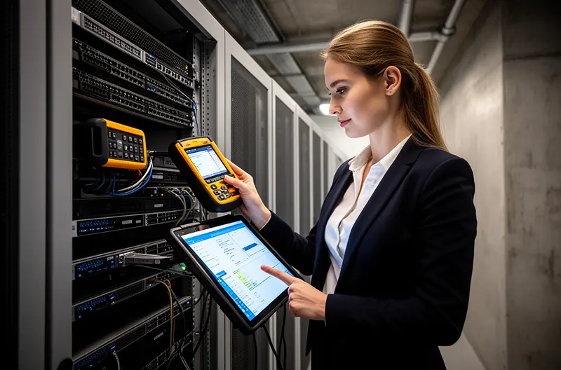 Técnico realizando mantenimiento preventivo en servidor empresarial, Equipo de soporte informático atendiendo incidencia en oficina de Majadahonda, Panel de control de seguridad informática con protección activa, Profesional IT configurando sistema de backup y recuperación de datos, Auditoría de infraestructura tecnológica en empresa de Majadahonda