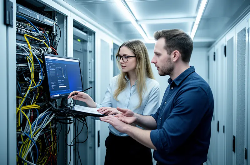 Técnico realizando mantenimiento preventivo en servidor empresarial, Equipo de soporte informático atendiendo incidencia en oficina de Majadahonda, Panel de control de seguridad informática con protección activa, Profesional IT configurando sistema de backup y recuperación de datos, Auditoría de infraestructura tecnológica en empresa de Majadahonda