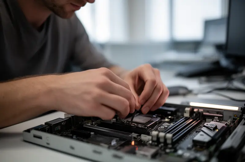 Técnico realizando mantenimiento preventivo en servidor empresarial Madrid, Centro de monitorización de sistemas informáticos en tiempo real, Equipo de soporte técnico atendiendo incidencia presencial en oficina, Infraestructura de red empresarial con cableado estructurado profesional, Panel de control de copias de seguridad automatizadas en empresa