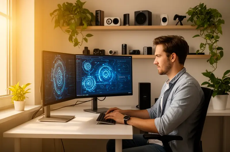 Técnico realizando mantenimiento preventivo en servidor empresarial Madrid, Centro de monitorización de sistemas informáticos en tiempo real, Equipo de soporte técnico atendiendo incidencia presencial en oficina, Infraestructura de red empresarial con cableado estructurado profesional, Panel de control de copias de seguridad automatizadas en empresa