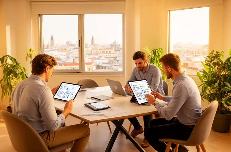 Técnico realizando mantenimiento preventivo en servidor empresarial Madrid, Centro de monitorización de sistemas informáticos en tiempo real, Equipo de soporte técnico atendiendo incidencia presencial en oficina, Infraestructura de red empresarial con cableado estructurado profesional, Panel de control de copias de seguridad automatizadas en empresa