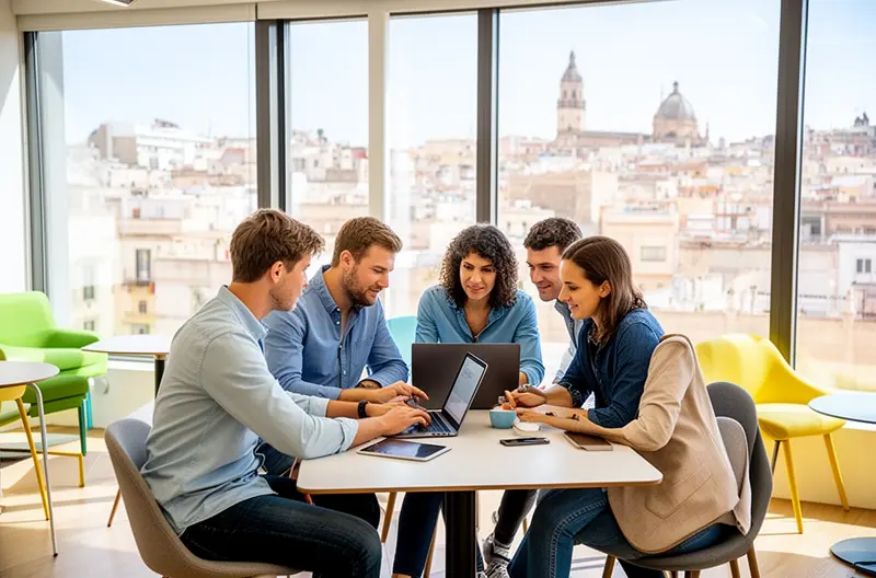 Técnico de soporte IT trabajando en oficina española, Centro de operaciones de soporte informático con múltiples pantallas, Ingeniero realizando mantenimiento presencial en empresa, Mapa de España con ubicaciones de delegaciones de soporte técnico, Equipo de profesionales IT gestionando incidencias remotamente