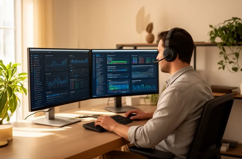 Técnico de soporte IT trabajando en oficina española, Centro de operaciones de soporte informático con múltiples pantallas, Ingeniero realizando mantenimiento presencial en empresa, Mapa de España con ubicaciones de delegaciones de soporte técnico, Equipo de profesionales IT gestionando incidencias remotamente