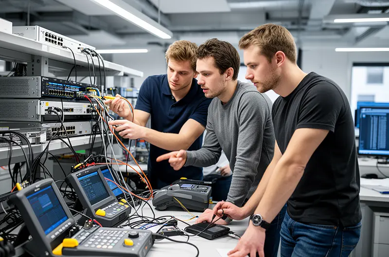 Técnico de soporte IT trabajando en oficina española, Centro de operaciones de soporte informático con múltiples pantallas, Ingeniero realizando mantenimiento presencial en empresa, Mapa de España con ubicaciones de delegaciones de soporte técnico, Equipo de profesionales IT gestionando incidencias remotamente