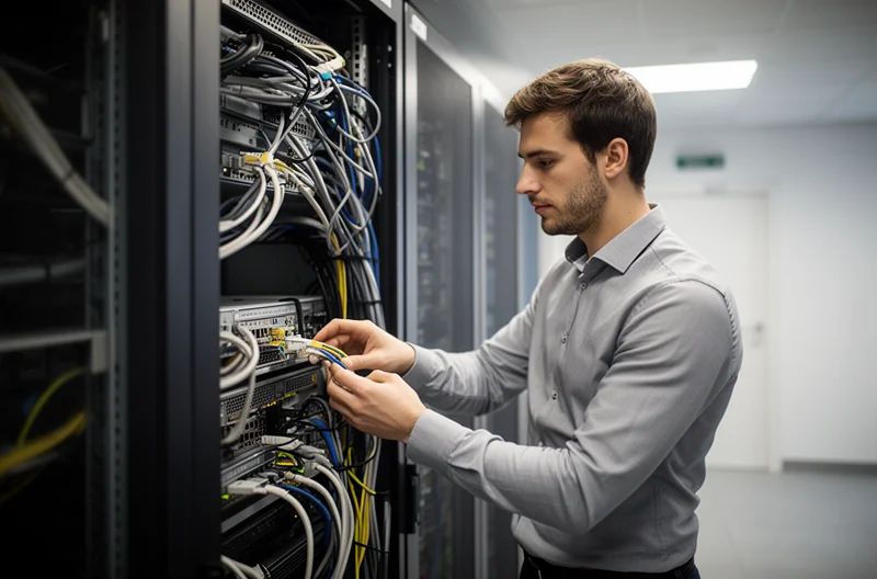 Técnico realizando mantenimiento preventivo en servidor empresarial Madrid, Equipo de soporte informático trabajando en oficina de empresa madrileña, Panel de monitorización de sistemas informáticos en tiempo real, Ingeniero configurando firewall y sistemas de seguridad para empresa, Sala de servidores con infraestructura tecnológica optimizada y segura