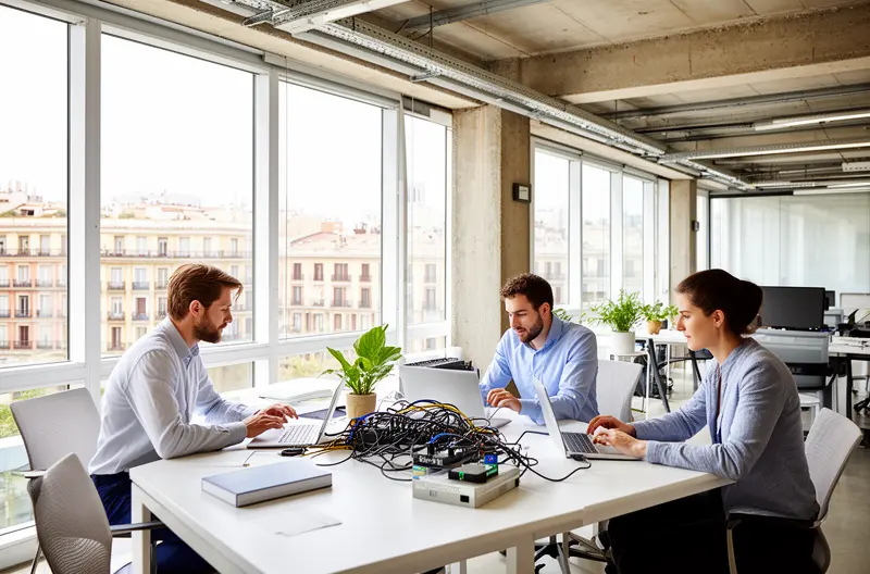 Técnico realizando mantenimiento preventivo en servidor empresarial Madrid, Equipo de soporte informático trabajando en oficina de empresa madrileña, Panel de monitorización de sistemas informáticos en tiempo real, Ingeniero configurando firewall y sistemas de seguridad para empresa, Sala de servidores con infraestructura tecnológica optimizada y segura