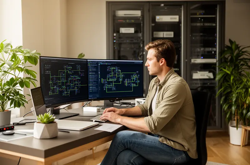 Equipo de consultoría informática analizando infraestructura IT en oficina de Madrid, Ingeniero configurando firewall de seguridad en centro de datos empresarial, Dashboard de monitorización de redes y sistemas en tiempo real, Reunión de consultoría tecnológica con cliente en sala de juntas moderna, Servidor empresarial con sistemas de backup y recuperación ante desastres