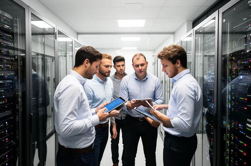 Equipo de consultoría informática analizando infraestructura IT en oficina de Madrid, Ingeniero configurando firewall de seguridad en centro de datos empresarial, Dashboard de monitorización de redes y sistemas en tiempo real, Reunión de consultoría tecnológica con cliente en sala de juntas moderna, Servidor empresarial con sistemas de backup y recuperación ante desastres