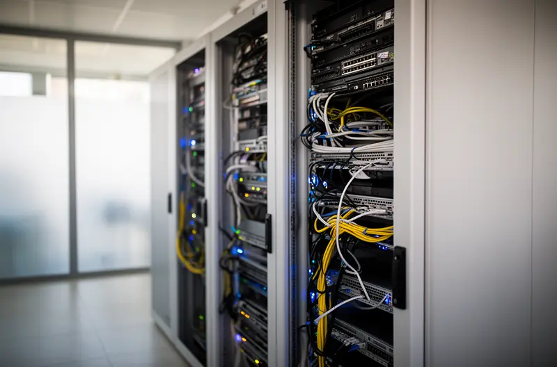 Técnico realizando mantenimiento informático preventivo en oficina de Barcelona, Equipo de soporte técnico remoto atendiendo incidencias informáticas empresariales, Servidor empresarial con monitorización y mantenimiento profesional activo, Asesor IT revisando infraestructura de red en empresa de Barcelona, Panel de control de sistemas informáticos con mantenimiento preventivo