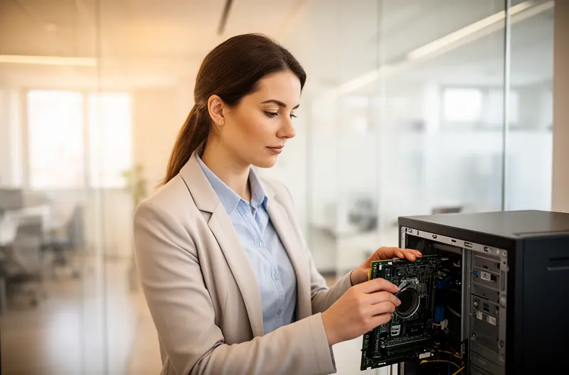 Técnico realizando mantenimiento informático preventivo en oficina de Barcelona, Equipo de soporte técnico remoto atendiendo incidencias informáticas empresariales, Servidor empresarial con monitorización y mantenimiento profesional activo, Asesor IT revisando infraestructura de red en empresa de Barcelona, Panel de control de sistemas informáticos con mantenimiento preventivo