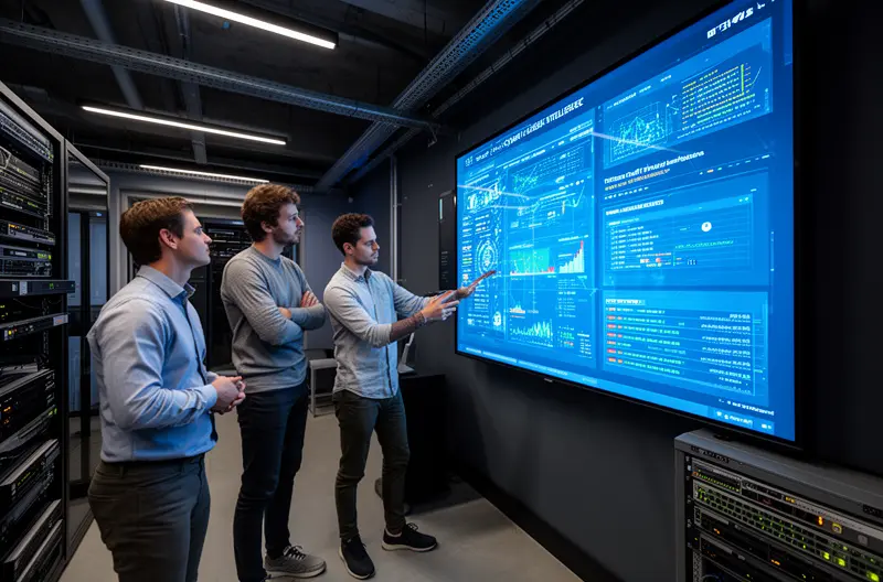 Arquitectura Zero Trust protegiendo red empresarial con verificación continua, Sistema de inteligencia artificial detectando amenazas cibernéticas en tiempo real, Equipo de seguridad implementando estrategias de resiliencia ante ataques, Plataforma de gestión de identidades y accesos controlando permisos empresariales, Profesionales de ciberseguridad revisando cumplimiento normativo y políticas de protección