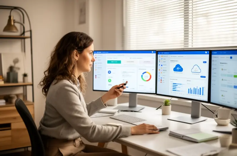 Equipo técnico planificando estrategia de migración cloud empresarial, Dashboard de monitorización de servicios cloud con métricas de rendimiento, Infraestructura cloud escalable con servidores virtuales y redes seguras, Profesionales analizando resultados de migración cloud exitosa, Centro de datos cloud con soluciones de seguridad y backup integrados