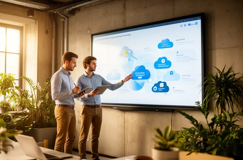 Equipo técnico planificando estrategia de migración cloud empresarial, Dashboard de monitorización de servicios cloud con métricas de rendimiento, Infraestructura cloud escalable con servidores virtuales y redes seguras, Profesionales analizando resultados de migración cloud exitosa, Centro de datos cloud con soluciones de seguridad y backup integrados