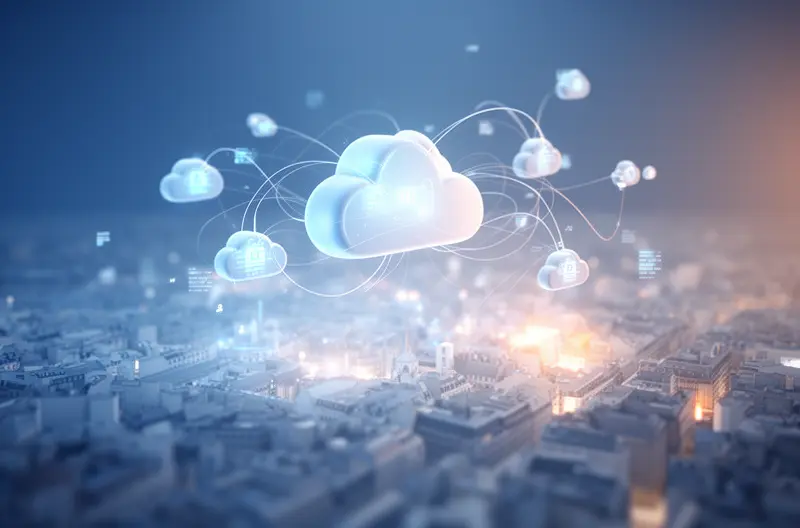 Equipo técnico planificando estrategia de migración cloud empresarial, Dashboard de monitorización de servicios cloud con métricas de rendimiento, Infraestructura cloud escalable con servidores virtuales y redes seguras, Profesionales analizando resultados de migración cloud exitosa, Centro de datos cloud con soluciones de seguridad y backup integrados