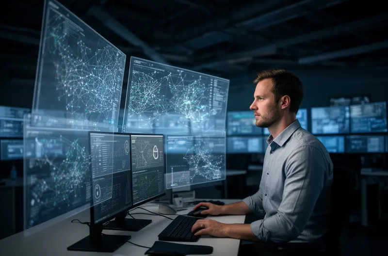 Ingeniero configurando switch de red corporativa en rack de servidores, Firewall de nueva generación protegiendo red empresarial con múltiples capas de seguridad, Panel de monitorización de red mostrando tráfico y estado de dispositivos en tiempo real, Infraestructura de red corporativa con cableado estructurado y equipos Cisco y Fortinet, Técnico realizando auditoría de seguridad en red empresarial con herramientas especializadas