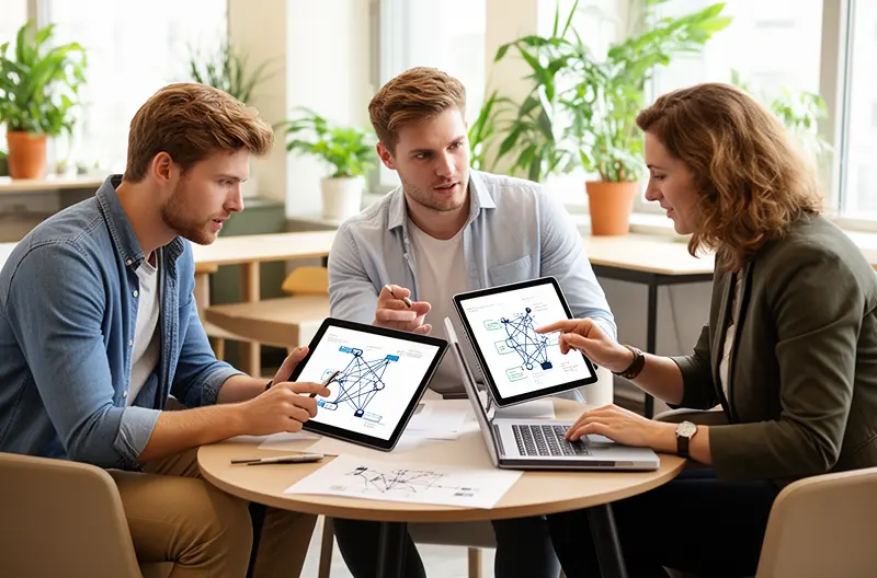 Ingeniero configurando switch de red corporativa en rack de servidores, Firewall de nueva generación protegiendo red empresarial con múltiples capas de seguridad, Panel de monitorización de red mostrando tráfico y estado de dispositivos en tiempo real, Infraestructura de red corporativa con cableado estructurado y equipos Cisco y Fortinet, Técnico realizando auditoría de seguridad en red empresarial con herramientas especializadas