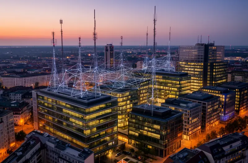 Ingeniero configurando switch de red corporativa en rack de servidores, Firewall de nueva generación protegiendo red empresarial con múltiples capas de seguridad, Panel de monitorización de red mostrando tráfico y estado de dispositivos en tiempo real, Infraestructura de red corporativa con cableado estructurado y equipos Cisco y Fortinet, Técnico realizando auditoría de seguridad en red empresarial con herramientas especializadas