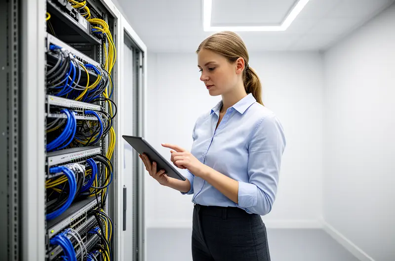 Ingeniero configurando switch de red corporativa en rack de servidores, Firewall de nueva generación protegiendo red empresarial con múltiples capas de seguridad, Panel de monitorización de red mostrando tráfico y estado de dispositivos en tiempo real, Infraestructura de red corporativa con cableado estructurado y equipos Cisco y Fortinet, Técnico realizando auditoría de seguridad en red empresarial con herramientas especializadas