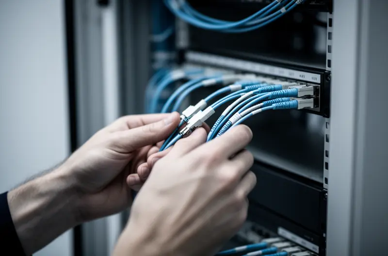 Ingeniero configurando switch de red corporativa en rack de servidores, Firewall de nueva generación protegiendo red empresarial con múltiples capas de seguridad, Panel de monitorización de red mostrando tráfico y estado de dispositivos en tiempo real, Infraestructura de red corporativa con cableado estructurado y equipos Cisco y Fortinet, Técnico realizando auditoría de seguridad en red empresarial con herramientas especializadas