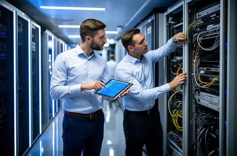 Técnico especializado realizando mantenimiento preventivo en servidor empresarial, Equipo de soporte IT monitorizando infraestructura tecnológica en centro de operaciones, Profesional configurando firewall de seguridad para protección empresarial, Ingeniero IT realizando diagnóstico remoto de sistemas corporativos, Sala de servidores empresariales con sistemas de monitorización activa