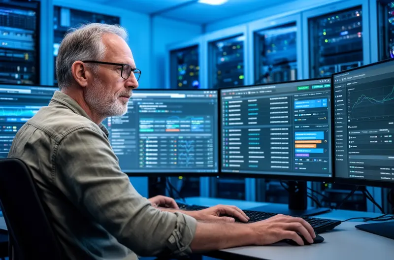 Equipo técnico gestionando incidencias informáticas en centro de operaciones, Sistema automatizado de detección y clasificación de incidencias IT, Técnico resolviendo incidencia informática en servidor empresarial, Dashboard de monitorización y gestión de incidencias tecnológicas, Coordinación remota y presencial para resolución de incidencias IT